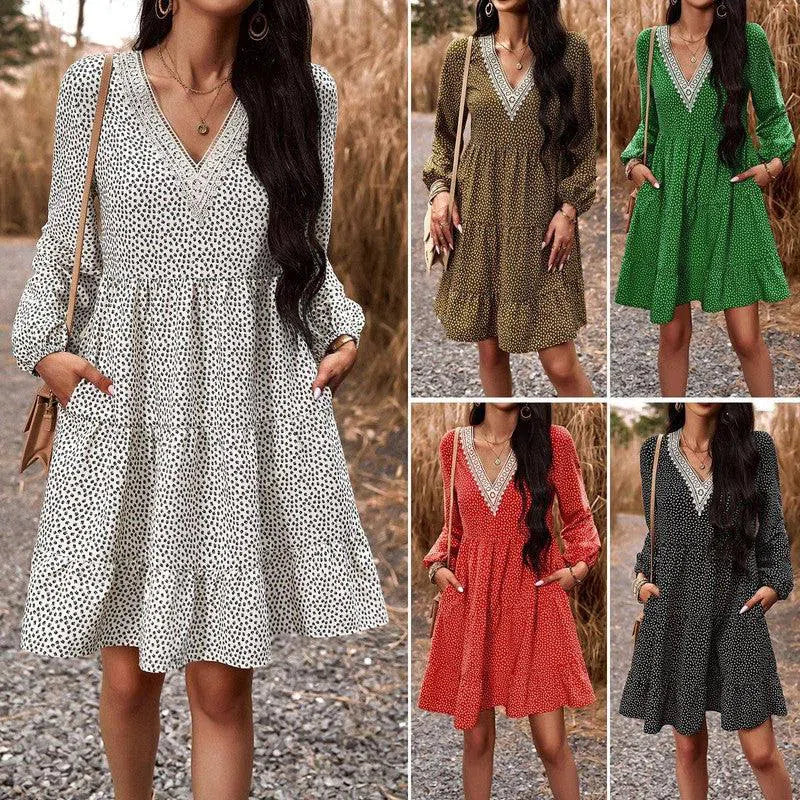 Fall Women's Temperament Leisure V-neck Long-sleeve Dress-9