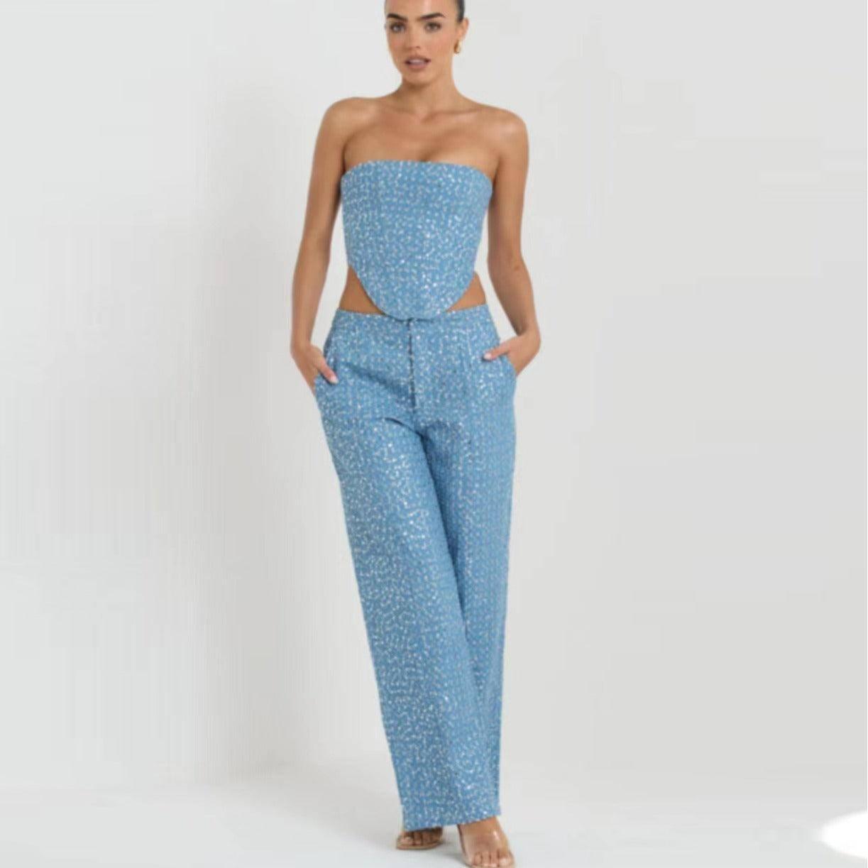 Fashion Denim Sequined Tube Top Wide Leg Pants Suit-1