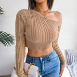 Fashion Fried Dough Twist Off The Shoulder Long Sleeve Short-Khaki-3