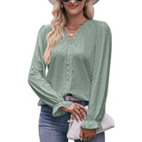 Fashion Lace V-neck Long Sleeve Top-Green-14