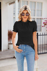 Fashion Lacework Round Neck Top Summer Puff Sleeves Hollow-Black-2