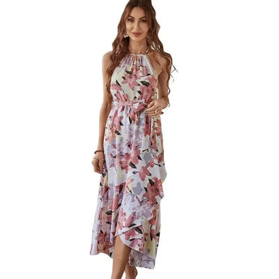 Fashion Print Halterneck Boho Dress Leisure Vacation-Red-2