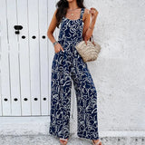 Fashion Print Square Neck Jumpsuit With Pockets Spring Summer Casual Loose Overalls Womens Clothing-Navy Blue-4