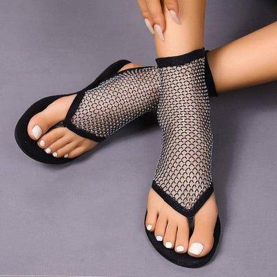 Fashion Rhinestone Mesh Thongs Sandals Summer Flat Shoes-Black-1