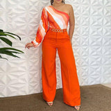 Fashion Shoulder Long Sleeve Top Solid Color Loose Two-piece Pants-Orange-3