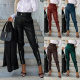 Fashion Slim-fitting Leather Trousers Women Waist-cinching Zipper Design Pants With Pockets-1