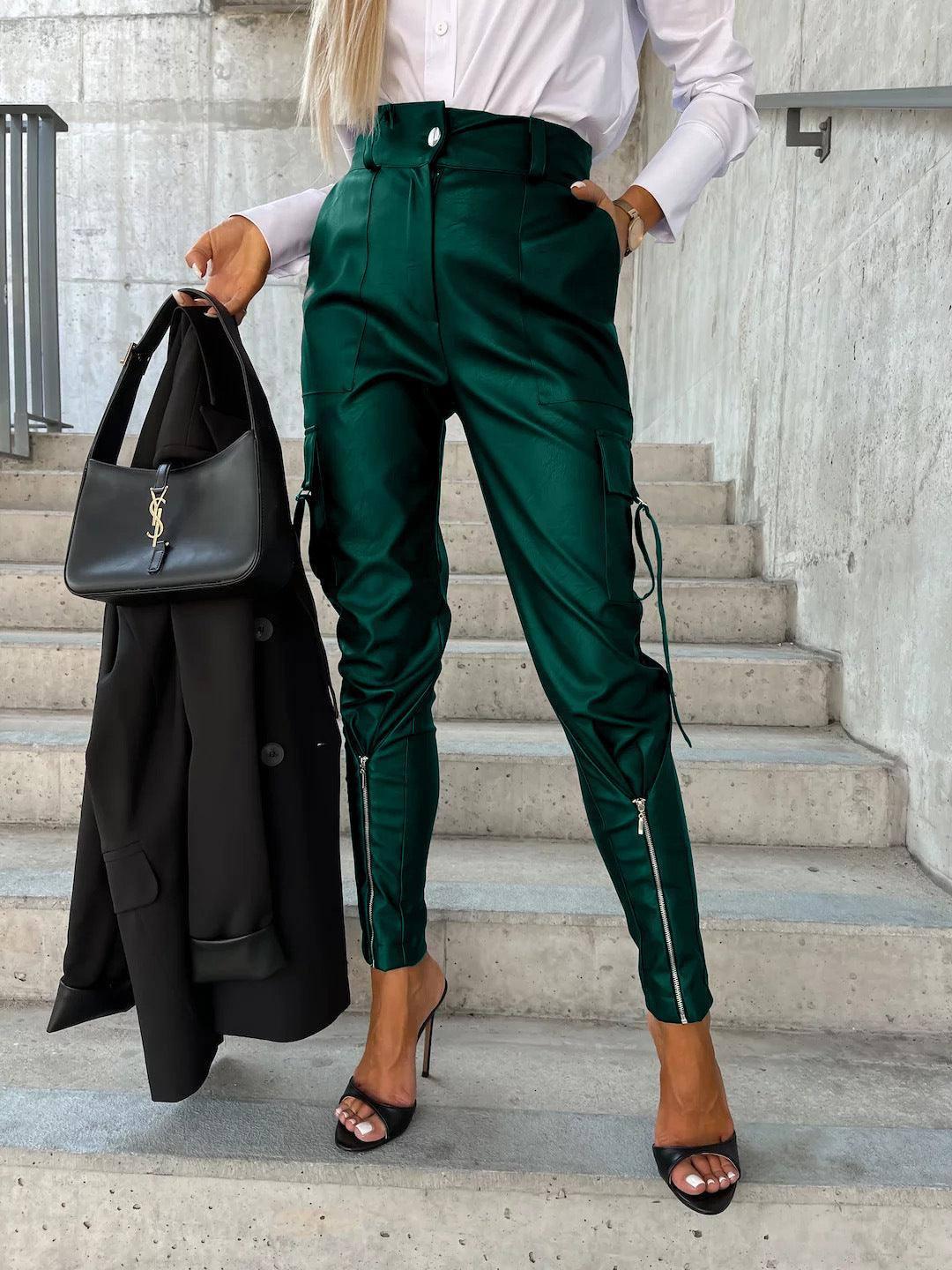 Fashion Slim-fitting Leather Trousers Women Waist-cinching-Dark Green-7