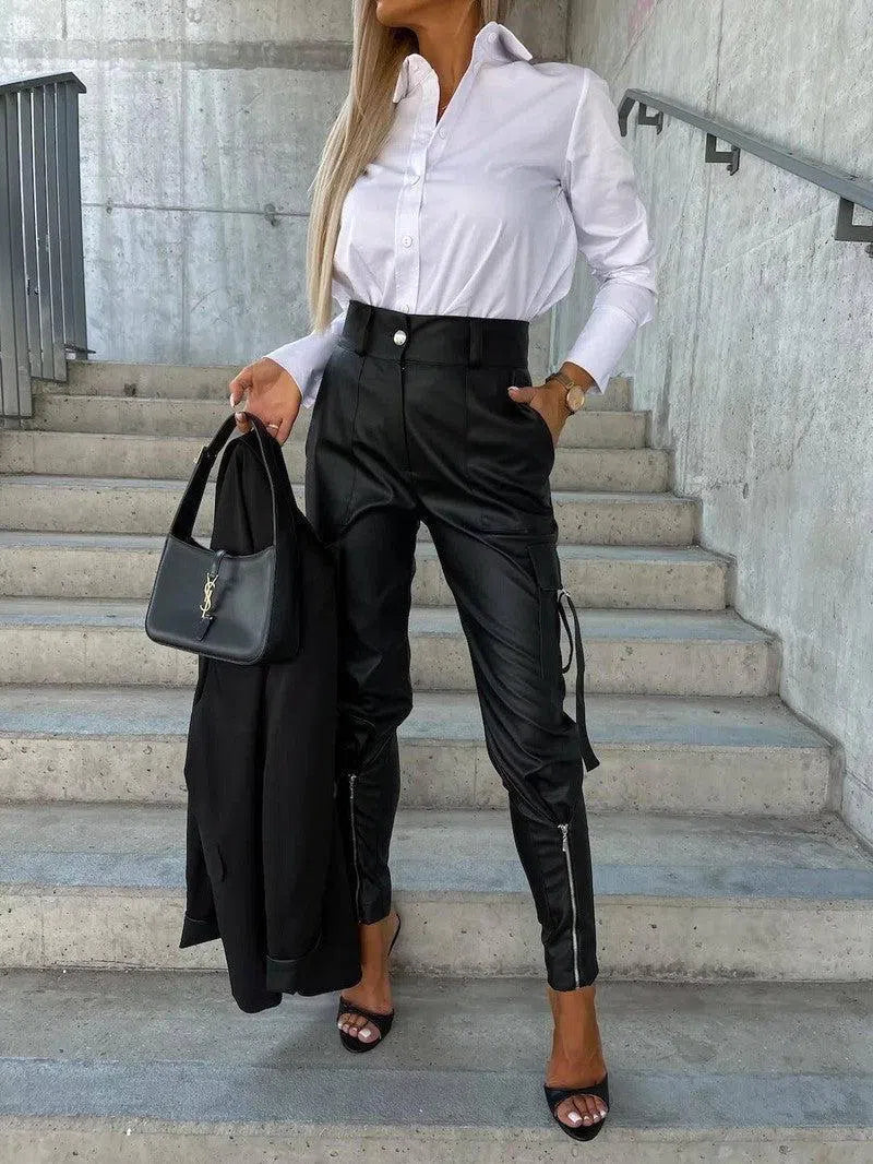 Fashion Slim-fitting Leather Trousers Women Waist-cinching Zipper Design Pants With Pockets-Black-8