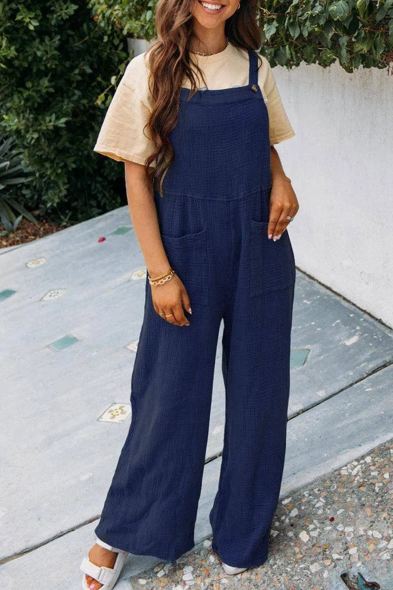 Fashion Square Neck Jumpsuit With Pockets Spring Summer Casual Solid Color Loose Overalls Womens Clothing-Dark Blue-7