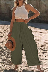 Fashion Wide Leg Pants Summer Loose Elastic High Waist-Army Green-7