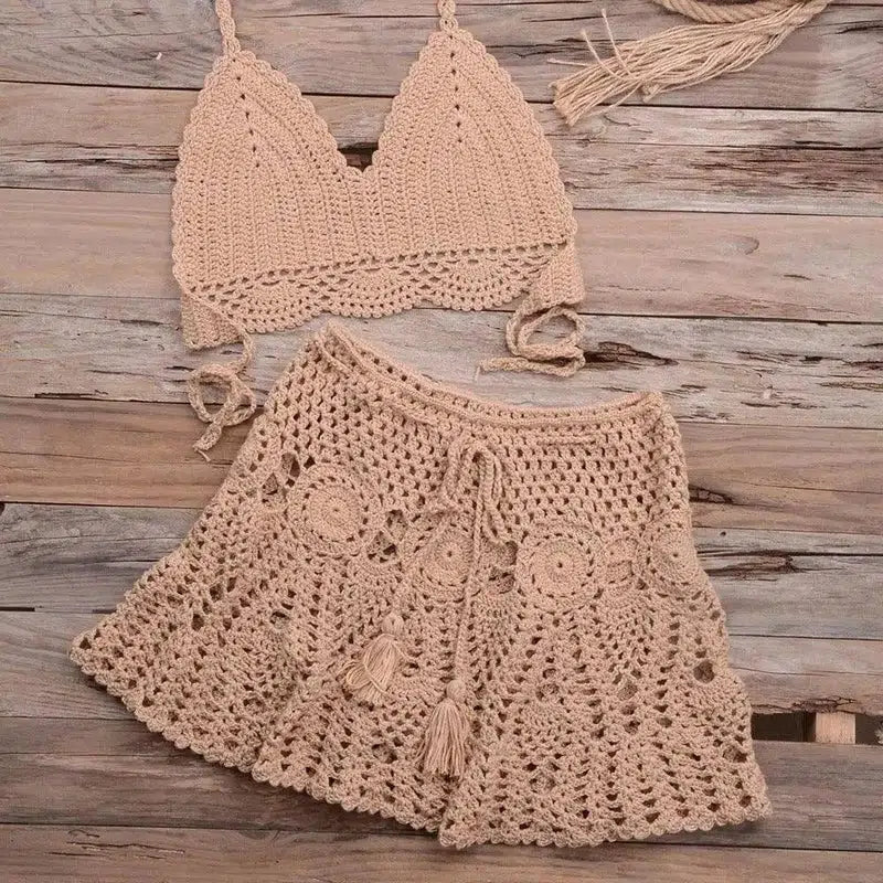 Fashionable Modern Hand-woven Beach Vacation Strappy Bikini-Khaki-9