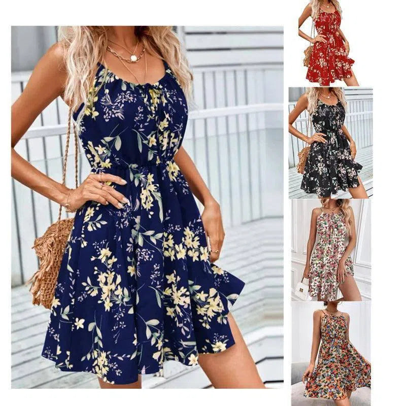 Floral Print Suspender Dress With Elastic Waist Design Fashion Summer Short Dresses Womens Clothing-1