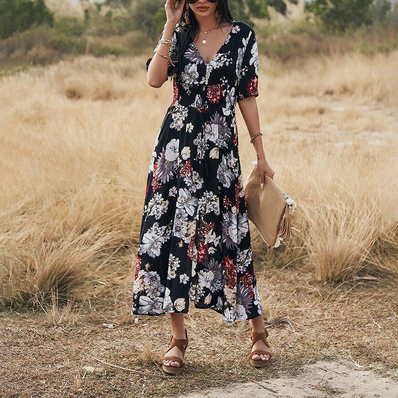 Floral Summer Beach Dress With V Neck Elastic Waist Dresses-5