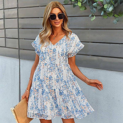 Flowers Print Short-sleeved Dress Summer Loose Chiffon-White-5