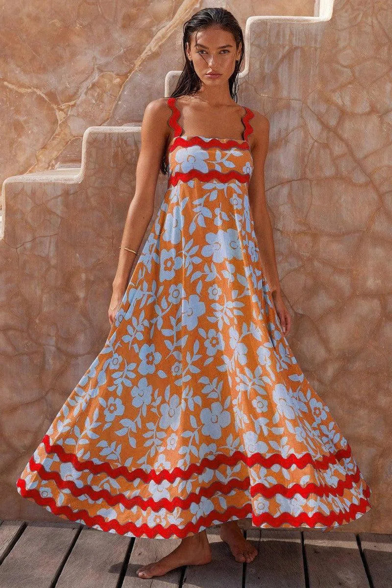 Flowers Print Wavy Pattern Suspender Long Dress For Women Fashion A-Line Beach Dresses Womens Clothing-Orange-1