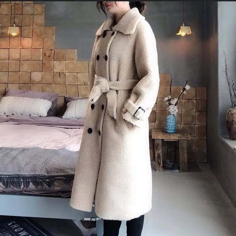 Fur Coat Women's Sheep Shearling Medium And Long Dream Grain-Beige-4