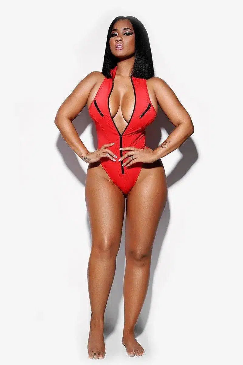 Gathered Bikini Ladies One-Piece Zipper Swimsuit-Red-7