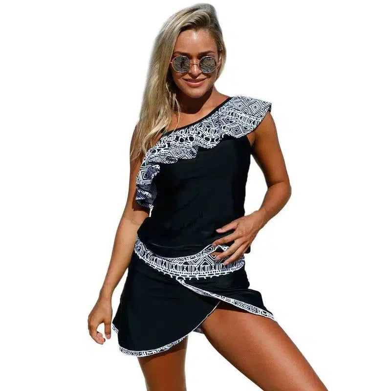 Geometric Print Ruffled Beach Skirt Split Swimsuit-3