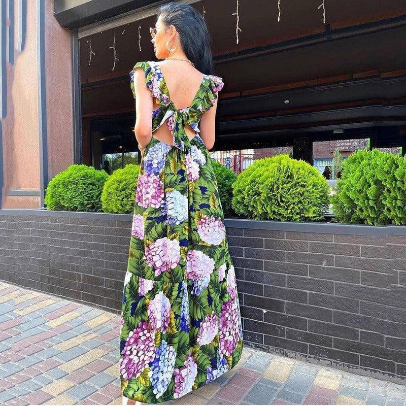 Green Floral Sleeveless Backless Dress-2