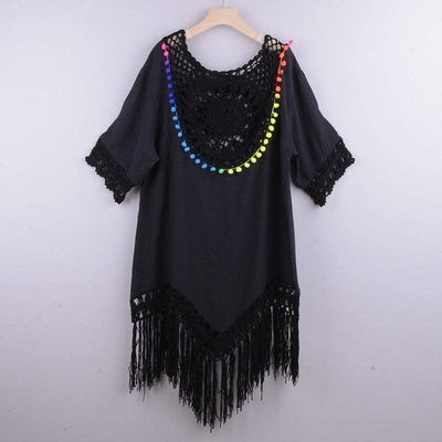 Hand Hook Large Circular Patchwork Loose Tassel Resort Style-Black-10