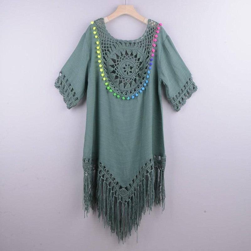 Hand Hook Large Circular Patchwork Loose Tassel Resort Style-Lake Green-8