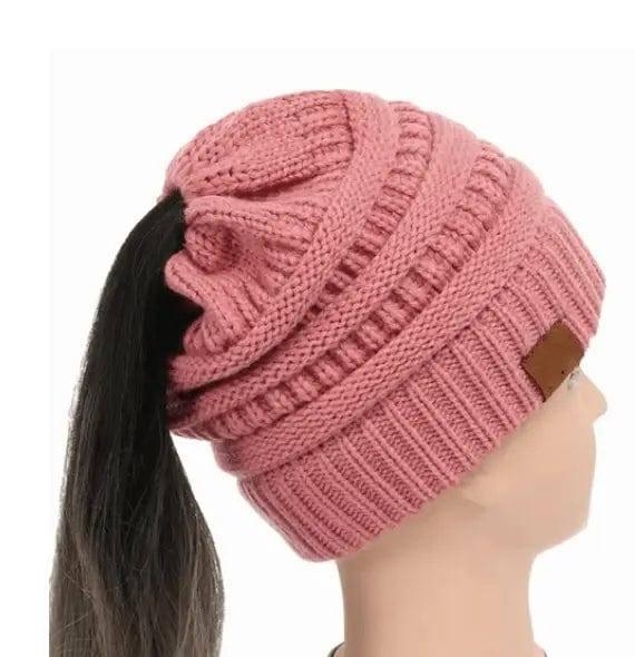 High Bun Ponytail Beanie Hat Chunky Soft Stretch Cable Knit-Darkpink-11