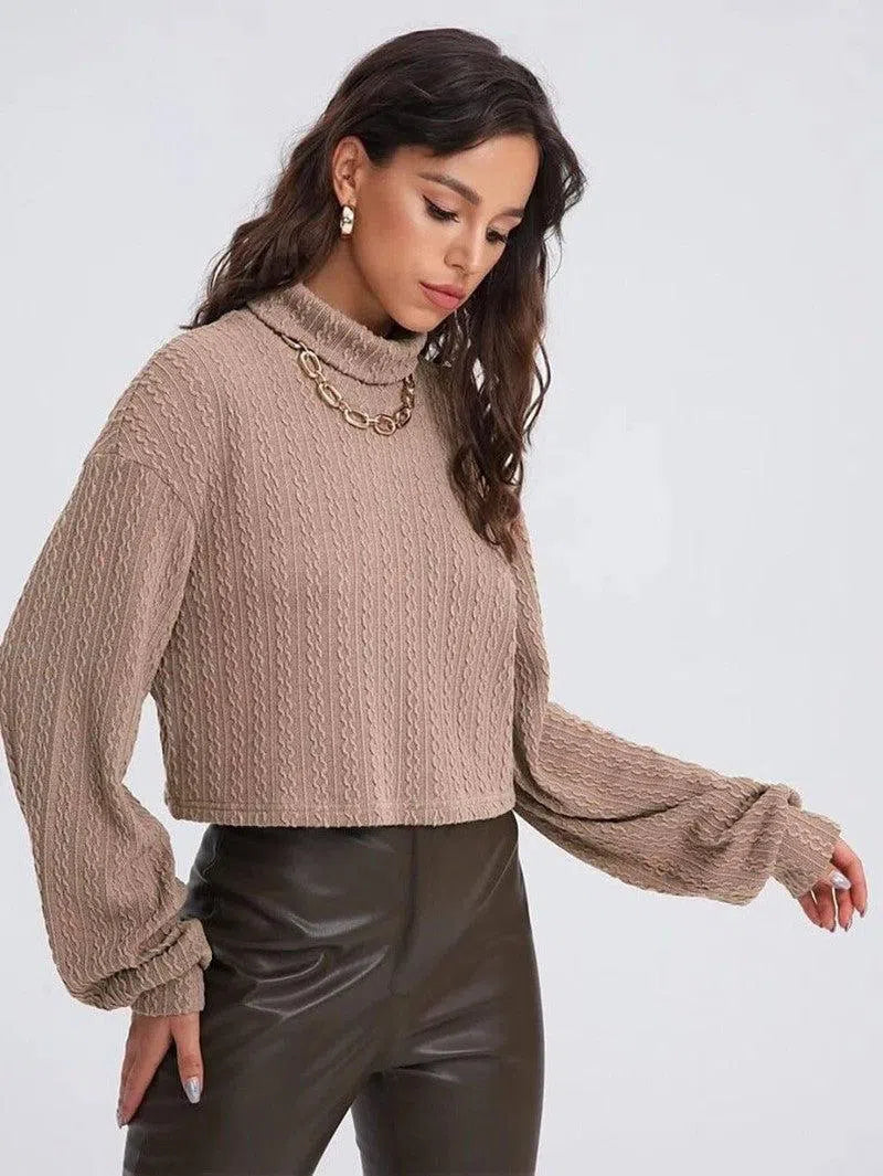 High Collar Long Sleeve Knitted Solid Loose Sweater For-Khaki-4