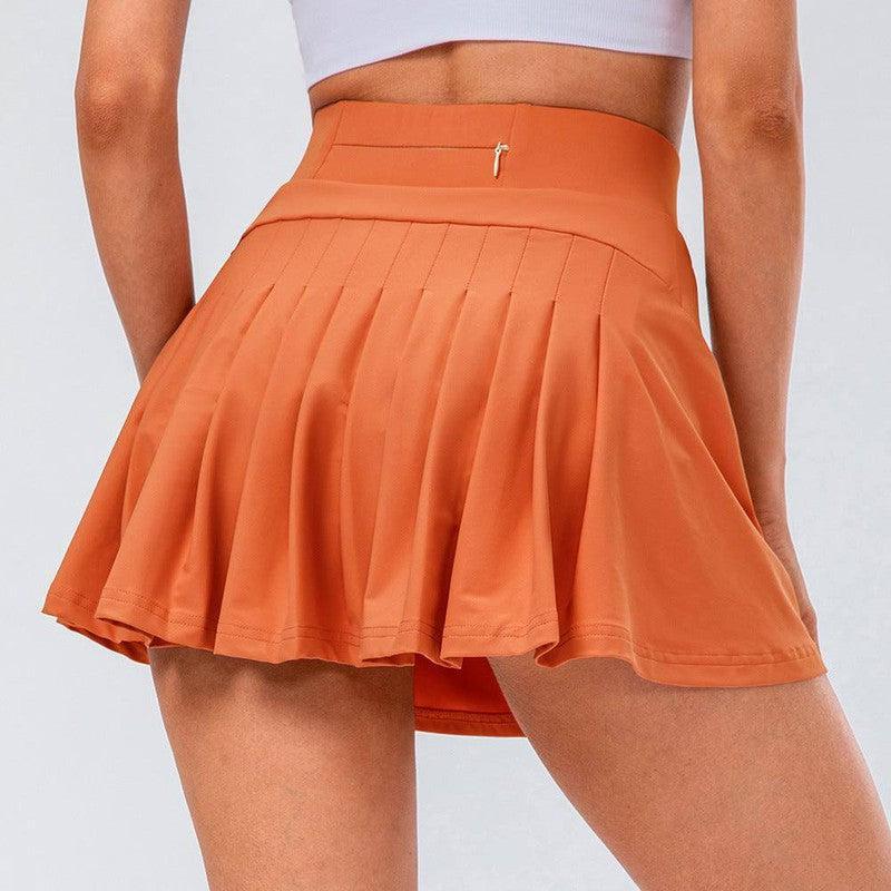 High Quality Tennis Skirt With Zipped Pocket Women Pleated Sports Skirt-Orange-9