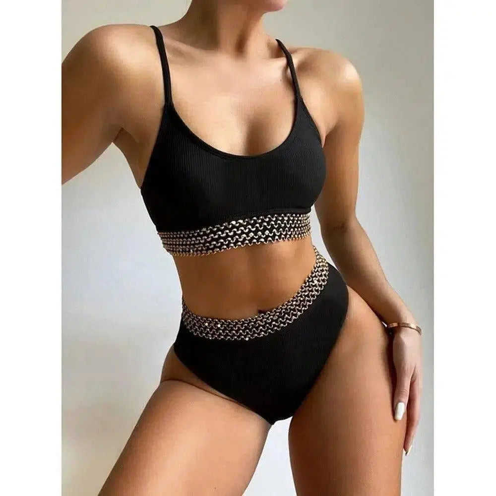 High Waist Bikini European And American Swimsuit Black Pit-3