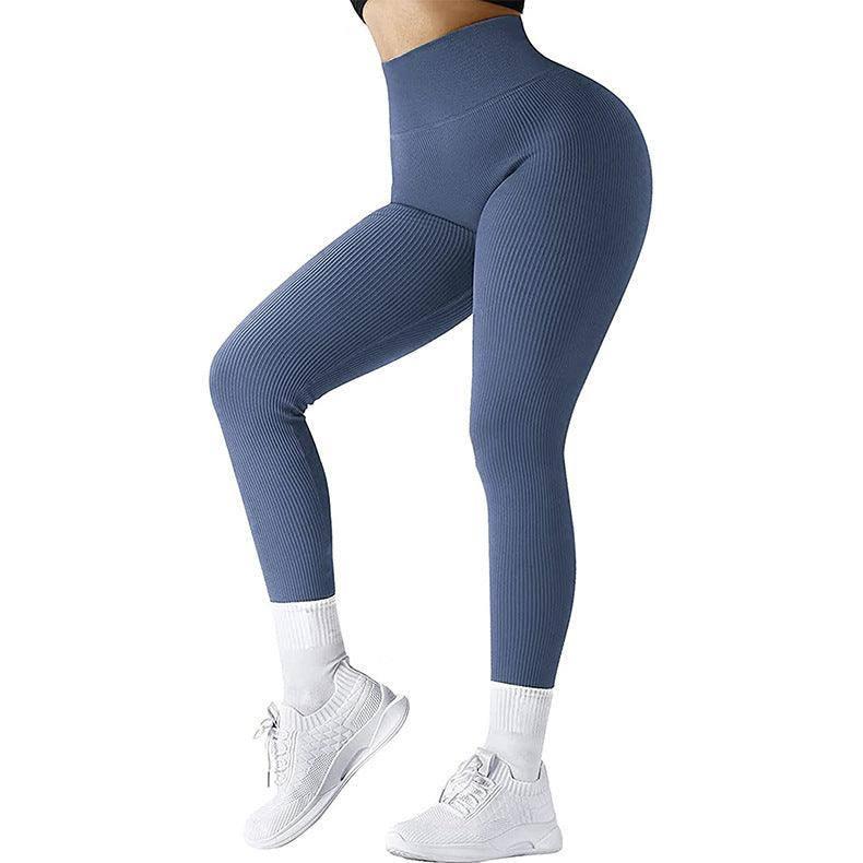 High Waist Seamless Leggings Threaded Knitted Fitness Pants Solid Women's Slimming Sports Yoga Pants Elastic Running Sport Leggings-Blue-14