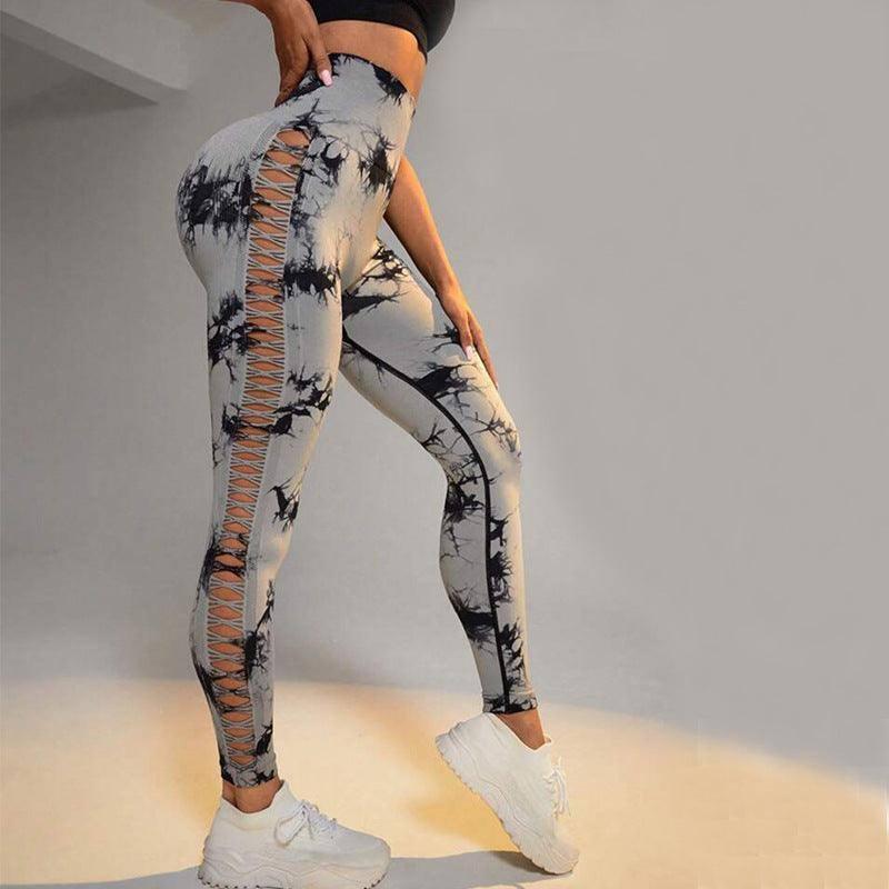 Hollow Tie Dye Printed Yoga Pants High Waist Butt Lift Seamless Sports Gym Fitness Leggings Slim Pants For Women Tight Trousers-Light Grey-11