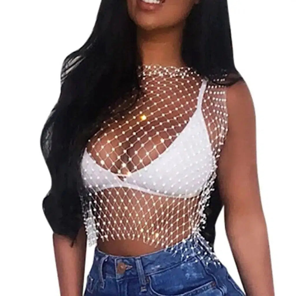 Hot Diamond Shiny Swimsuit Hand-woven Fishing Net-White-5