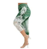 Imitation Denim Lace Stitching Print Leggings Woman-Green-5