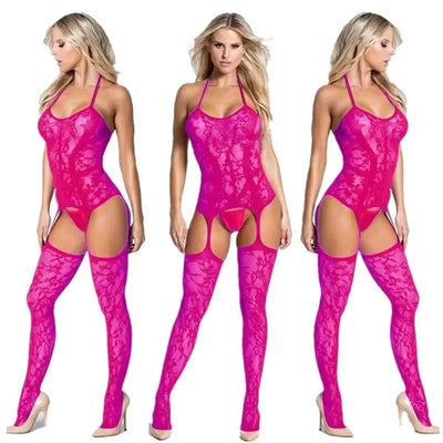 Jacquard Sexy Lingerie Temptation Ladies Transparent Hollow-RoseRed-6