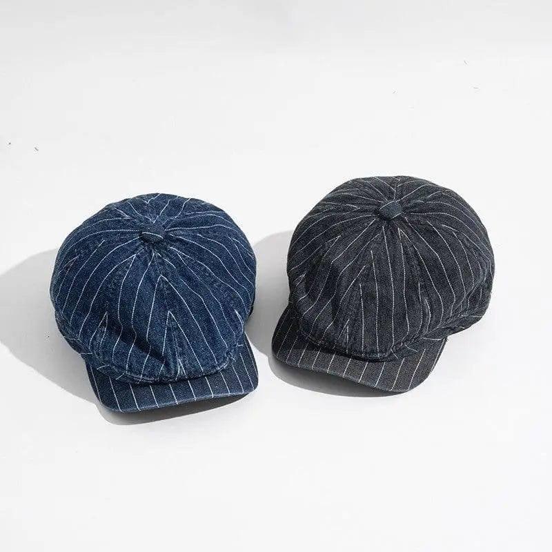 Japanese Retro Washed Denim Casual Striped Cap Women-1