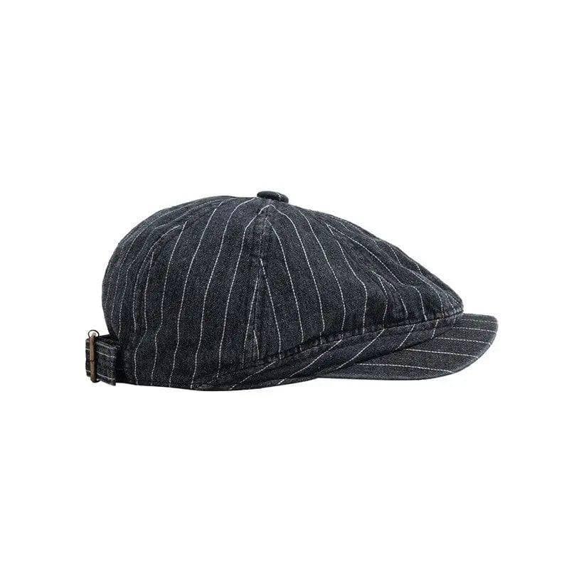 Japanese Retro Washed Denim Casual Striped Cap Women-DarkGrey-3