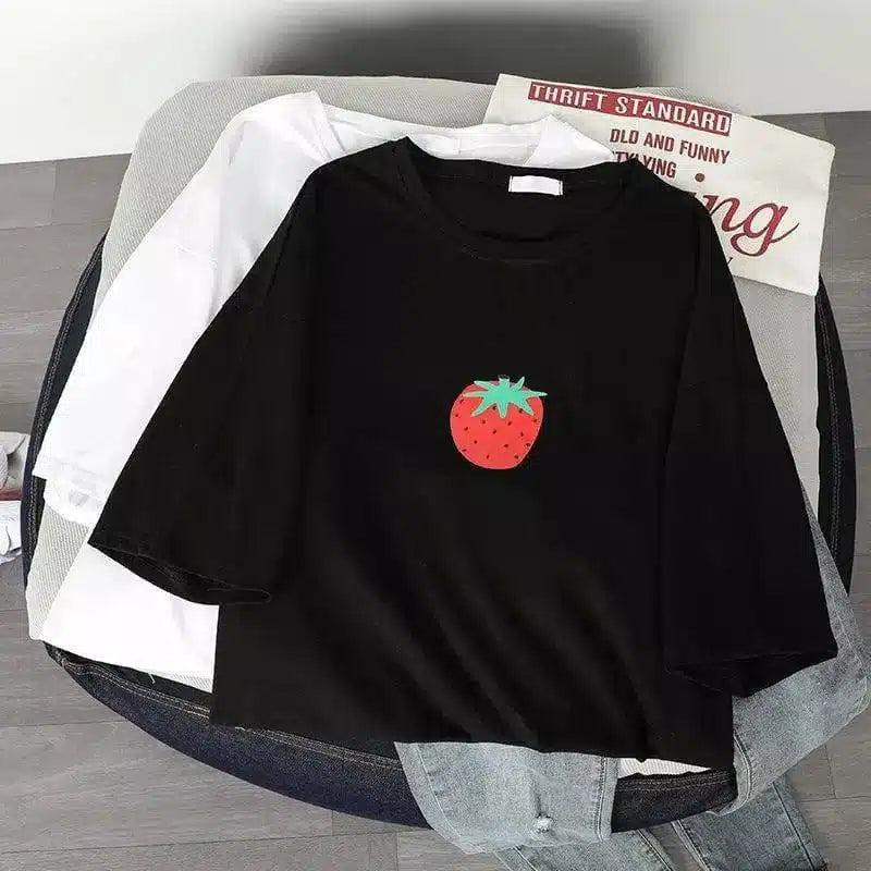 Fruit Embellished Casual Cotton T-Shirt-Black-3