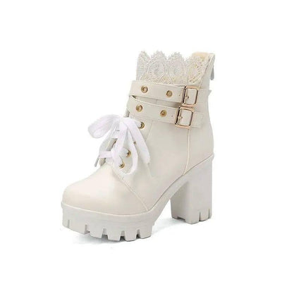 Lace Ankle Boots Lace-up Square Heeled Shoes Women White-A white-10