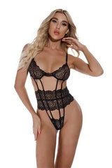 Lace Open Back Lingerie One Piece Bodysuit Sexy Sleepwear-Black-3