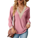 Lace Stitching V-neck T-shirt Loose Long-sleeved Solid Color-Pink-6