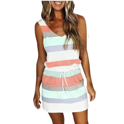 Ladies Color Striped Pocket V-neck Waist Halter Dress-Stripe3-8