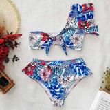 Ladies High Waist Ruffle Swimsuit Bikini-Blueonwhite-3