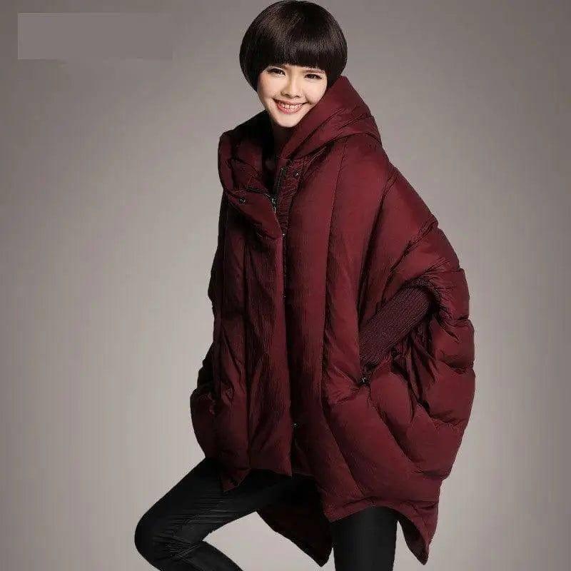 Ladies Loose Pocket Hooded Cloak Jacket-WineRed-2