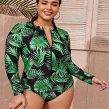 Ladies Plus Size One-Piece Swimsuit, Long-Sleeved Printed-Green-3