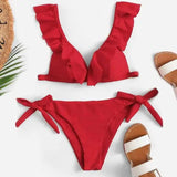 Ladies Split Solid Color Ruffled V-Neck Sexy Bikini Swimsuit-Red-3