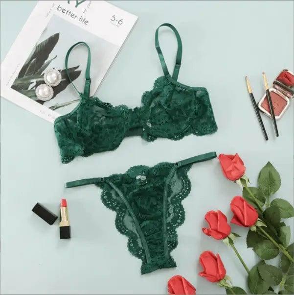 Ladies Underwire Lace Lingerie Suit Fashion-Darkgreen-11