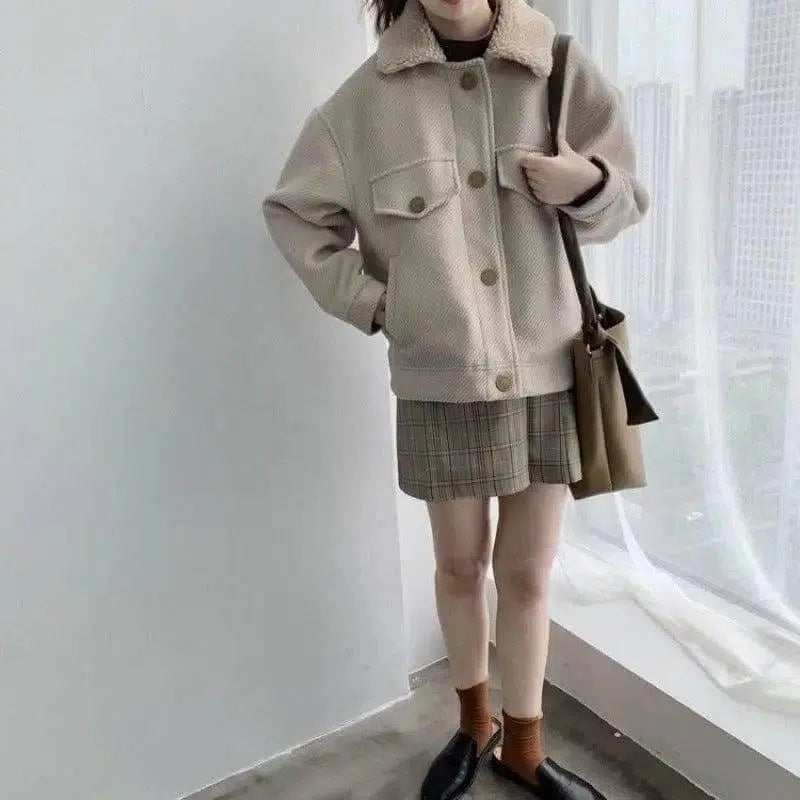 Lamb fur collar padded short woolen coat-Beige-5