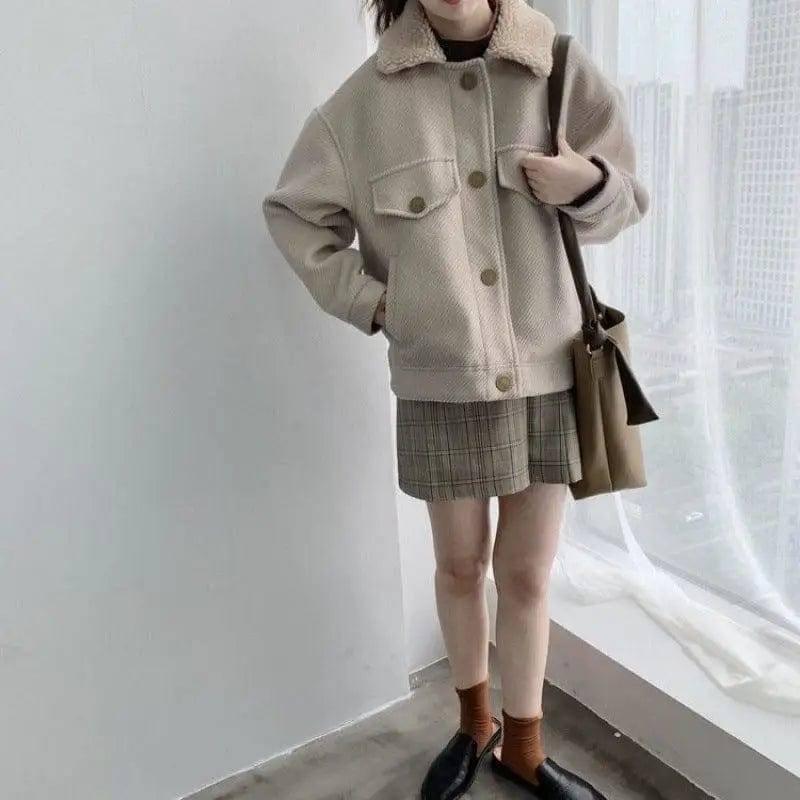 LOVEMI - Lamb fur collar padded short woolen coat