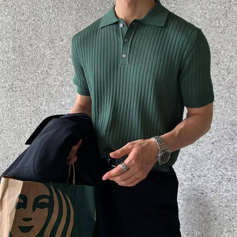 Lapel Polo Shirt Men's Fashion Brand Casual Summer Texture Solid Color Korean Style Knitwear Short Sleeve T-shirt-Dark Green-3