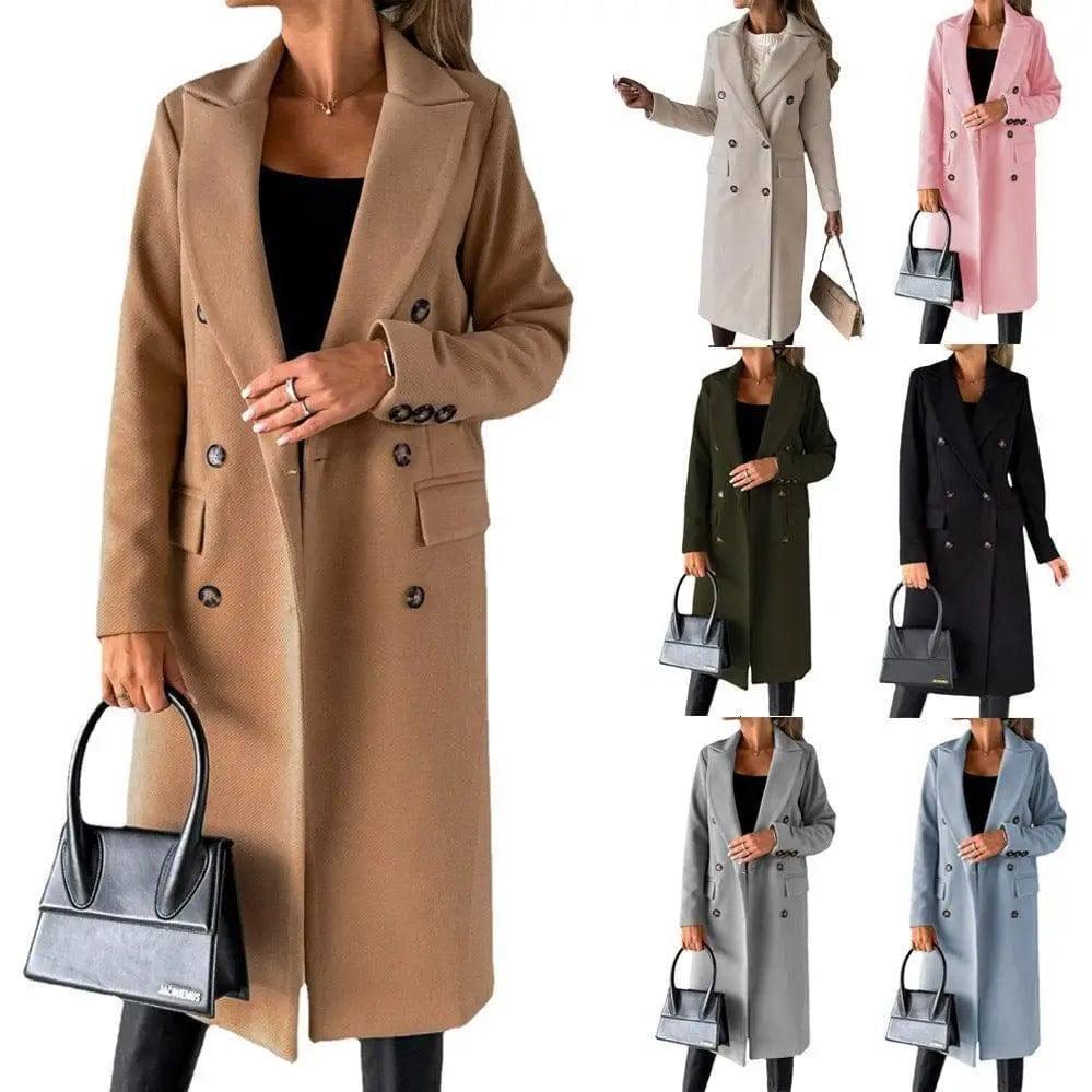 Long Sleeve Lapel Solid Double Breasted Slim Coat Coat-5